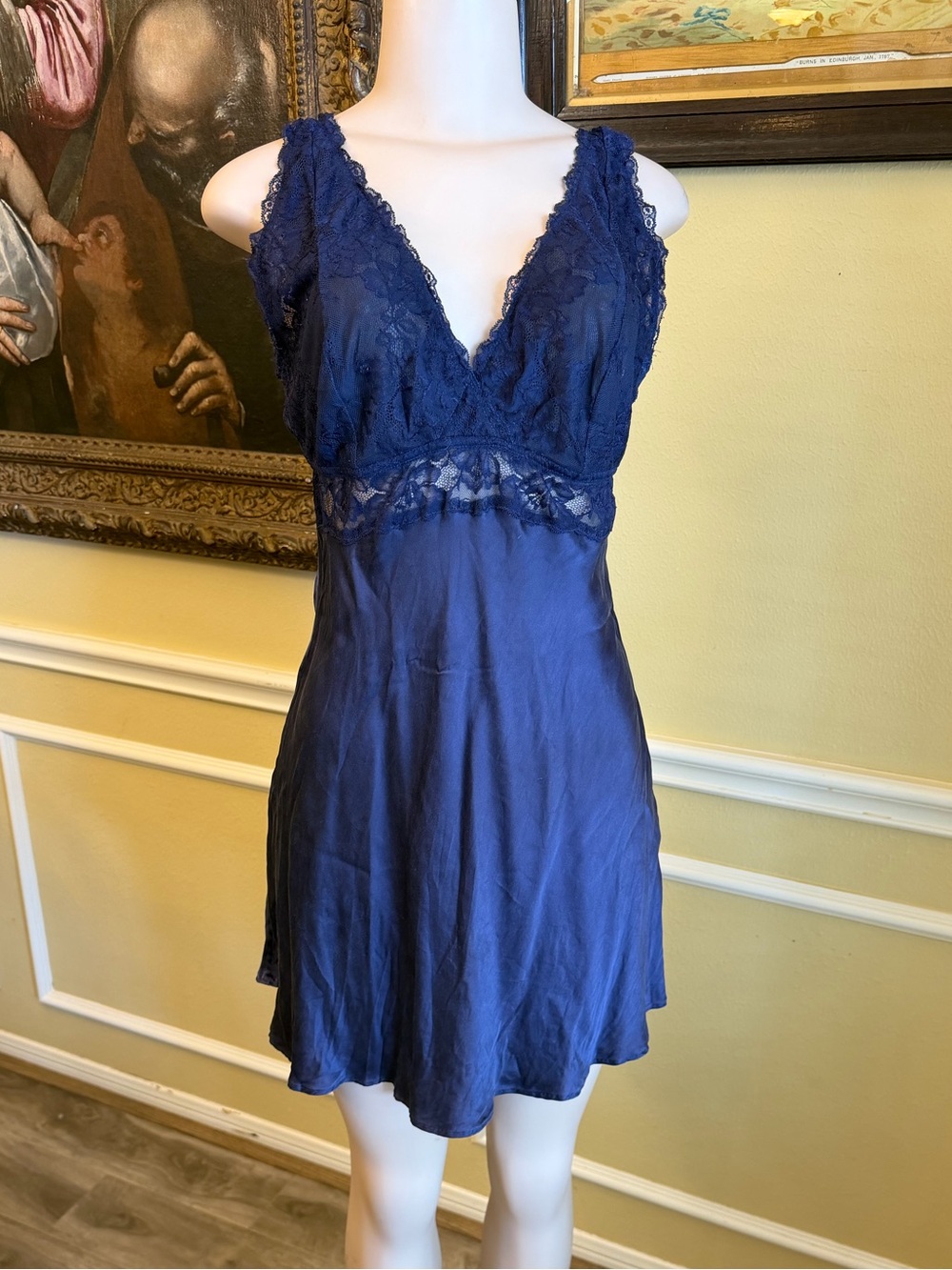 Silk Lace-Trim Chemise in Navy - Women's Intimates